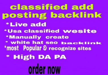 Create manually 30 classified add posting backlink with high da pa for ranking up your site