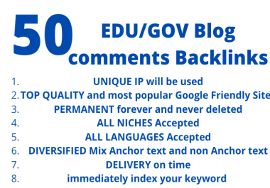 Powerful 50 EDU Quick indexing blog comments backlinks to Get Ranking